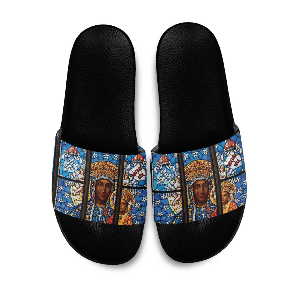 Polish Black Madonna of Czestochowa Slide Sandals Our Lady of Poland Stained Glass