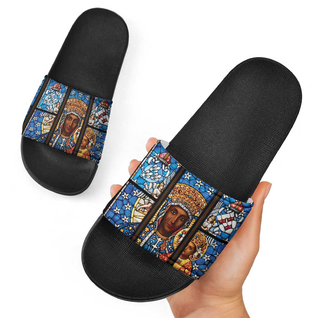 Polish Black Madonna of Czestochowa Slide Sandals Our Lady of Poland Stained Glass