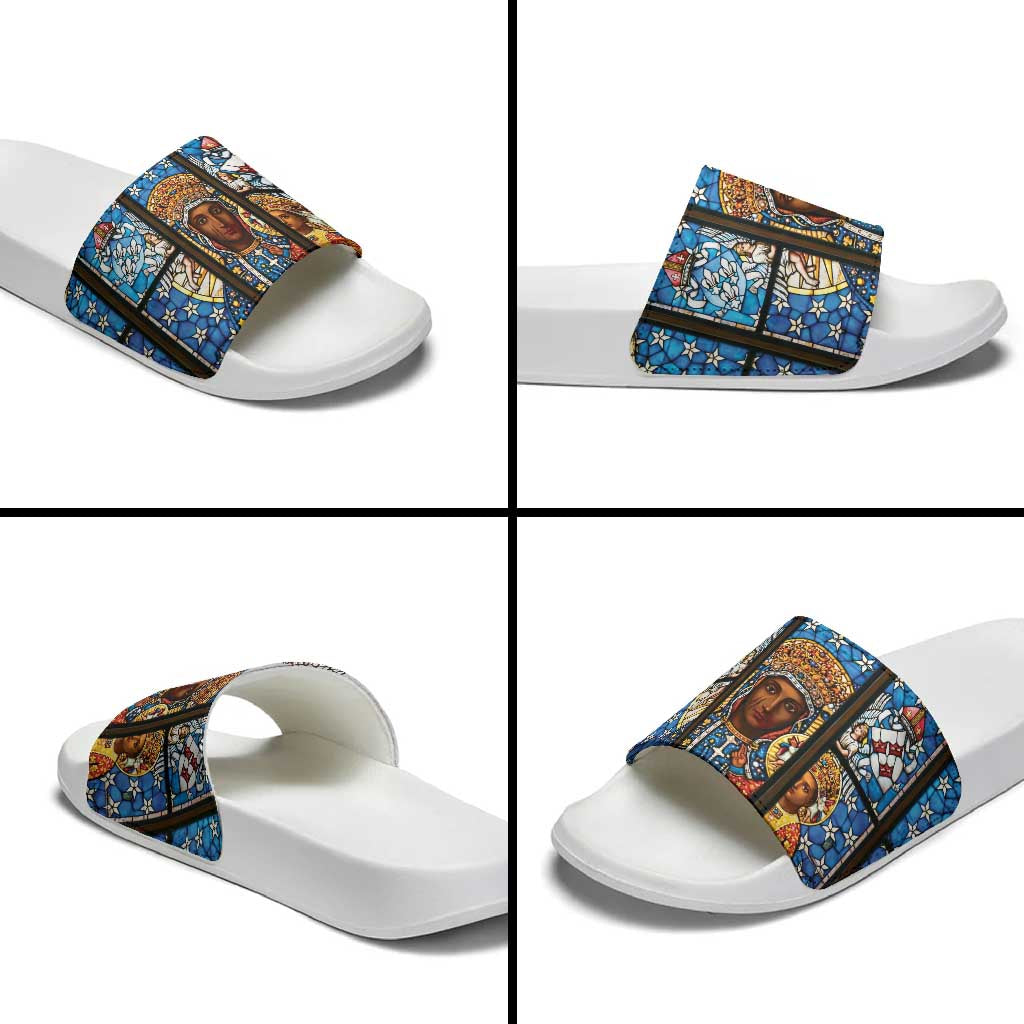 Polish Black Madonna of Czestochowa Slide Sandals Our Lady of Poland Stained Glass
