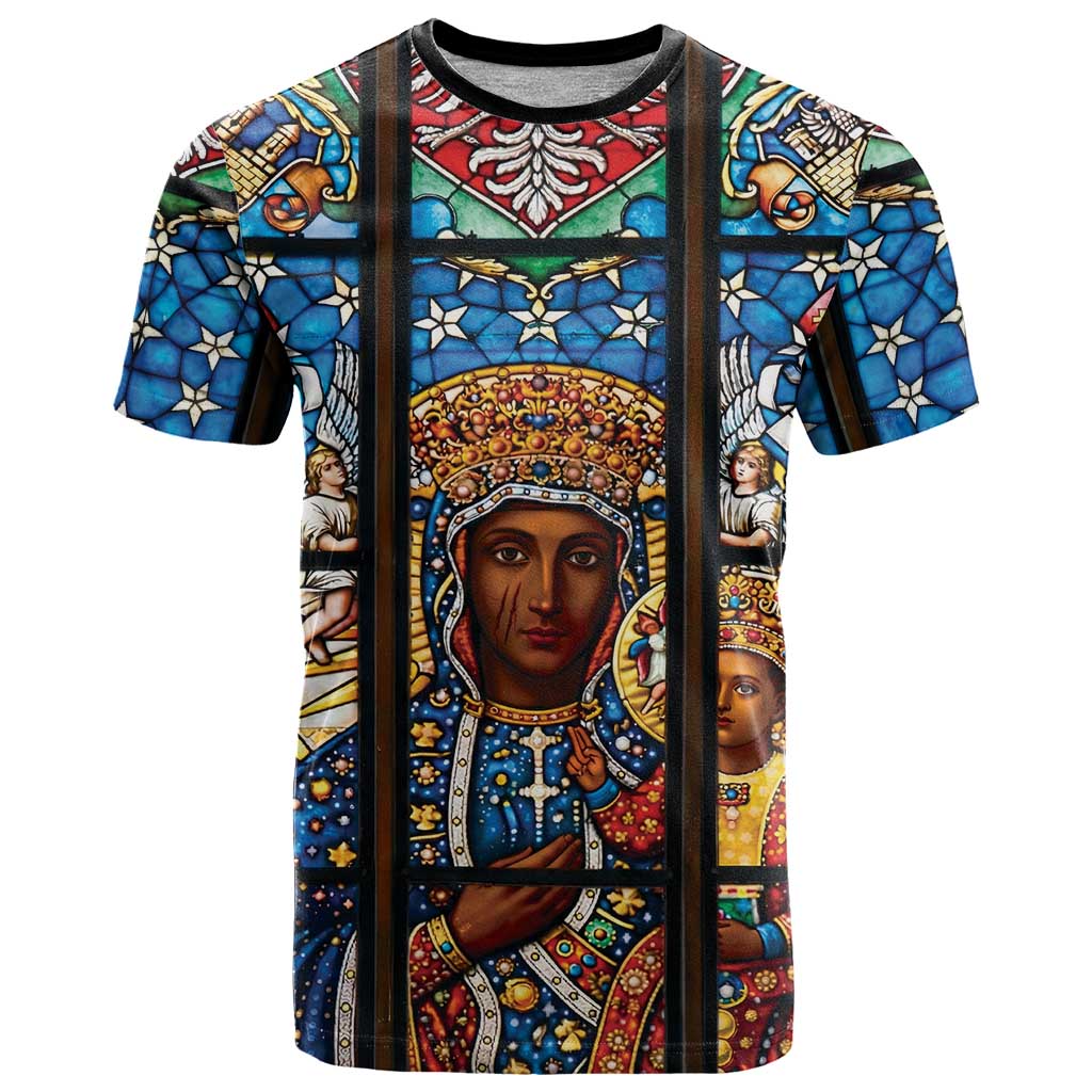 Polish Black Madonna of Czestochowa T Shirt Our Lady of Poland Stained Glass