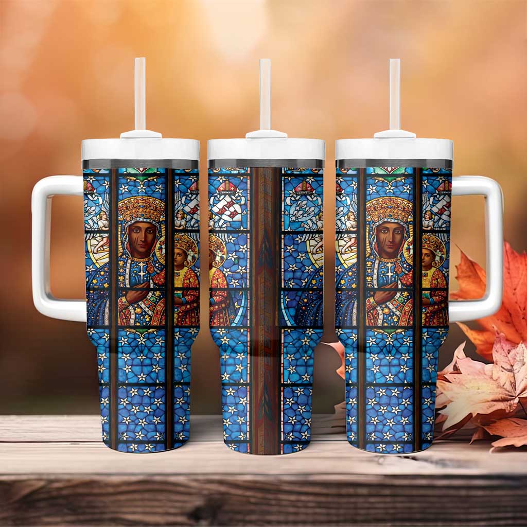 Polish Black Madonna of Czestochowa Tumbler With Handle Our Lady of Poland Stained Glass
