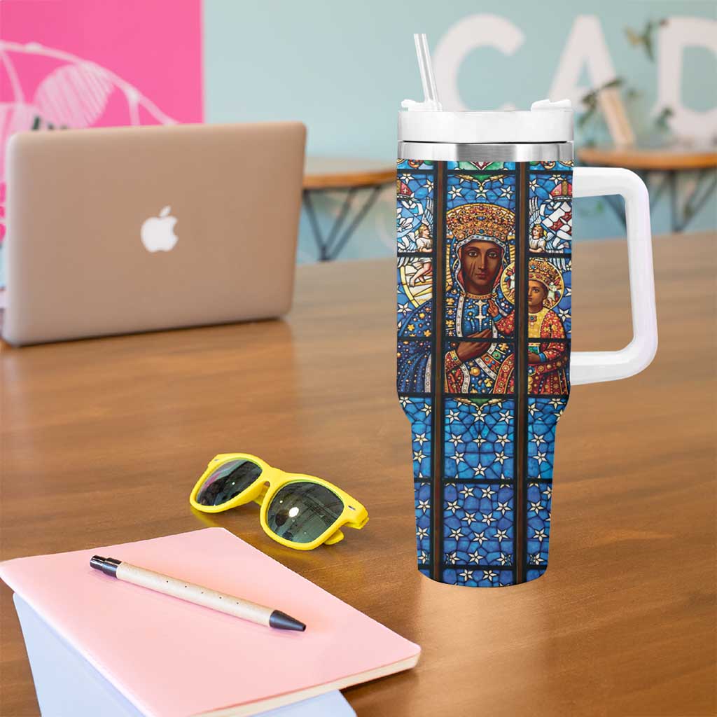 Polish Black Madonna of Czestochowa Tumbler With Handle Our Lady of Poland Stained Glass