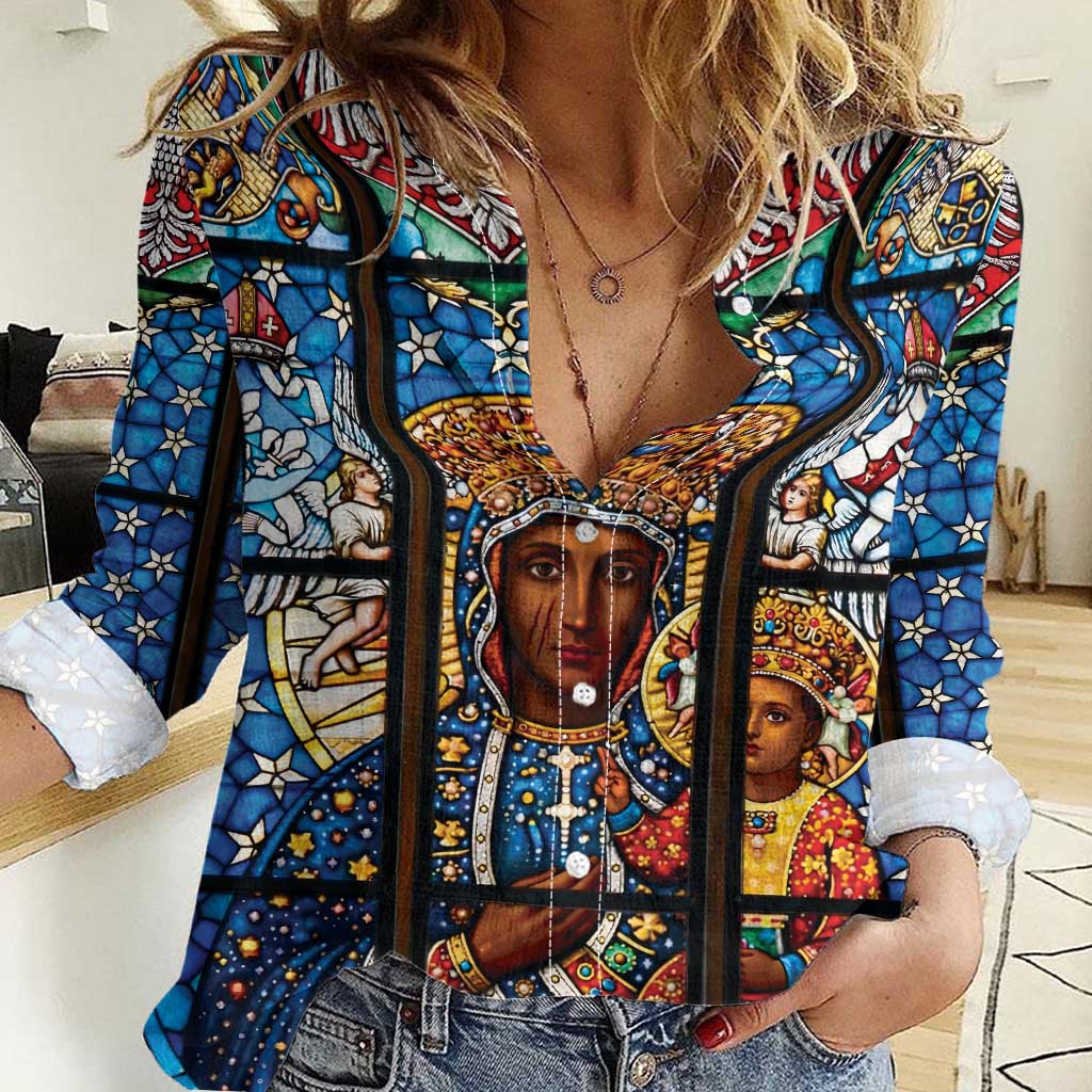 Polish Black Madonna of Czestochowa Women Casual Shirt Our Lady of Poland Stained Glass