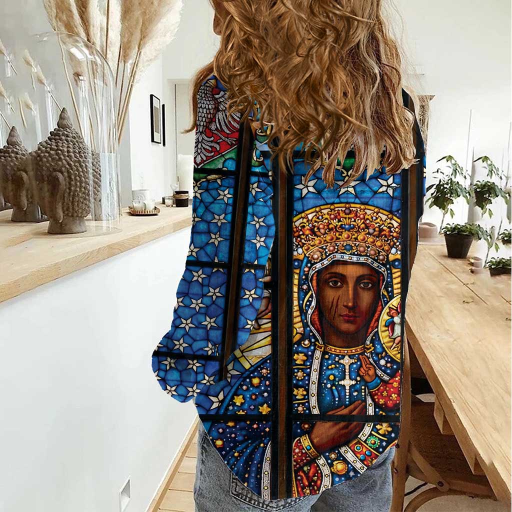 Polish Black Madonna of Czestochowa Women Casual Shirt Our Lady of Poland Stained Glass