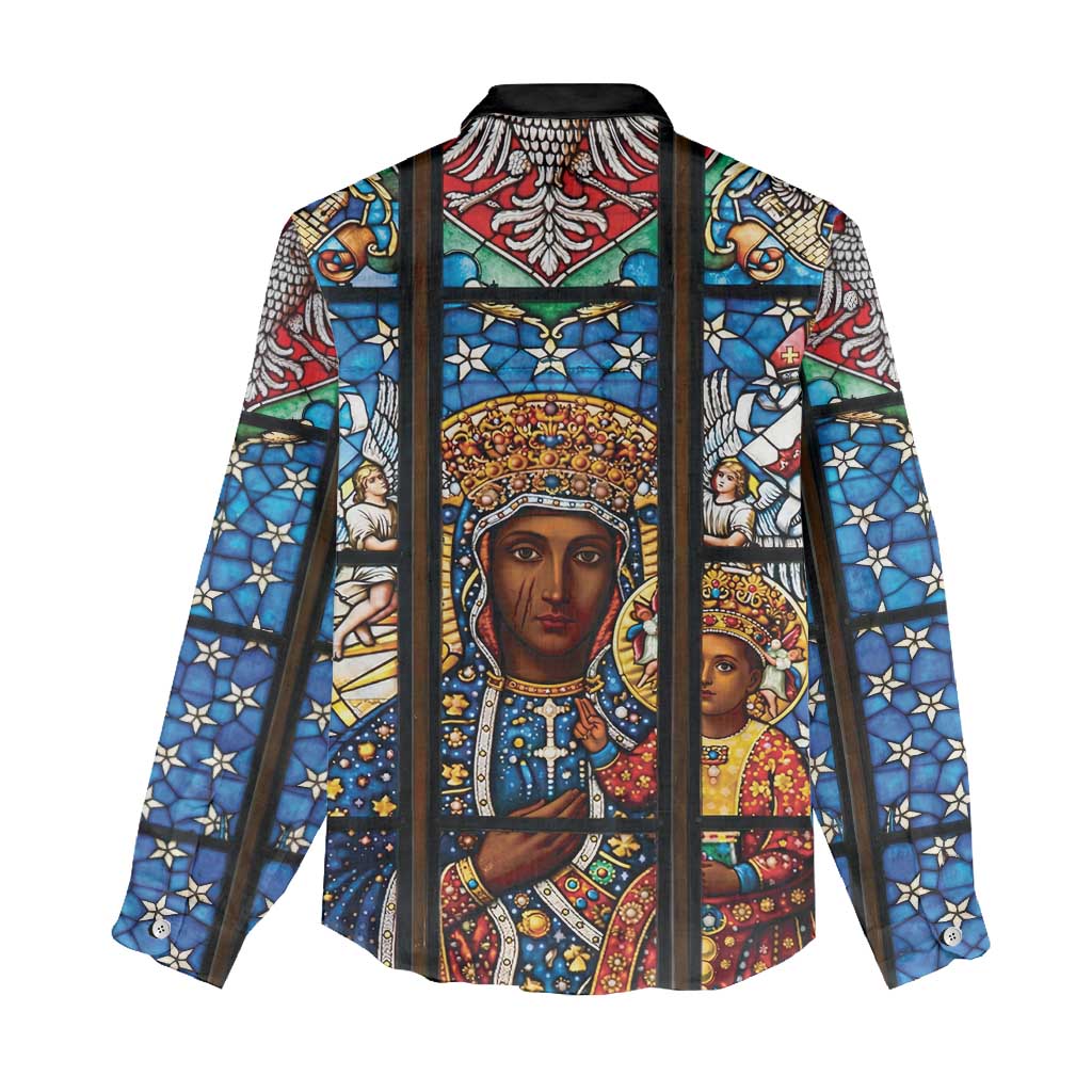 Polish Black Madonna of Czestochowa Women Casual Shirt Our Lady of Poland Stained Glass