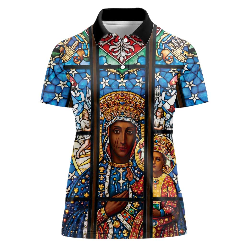 Polish Black Madonna of Czestochowa Women Polo Shirt Our Lady of Poland Stained Glass