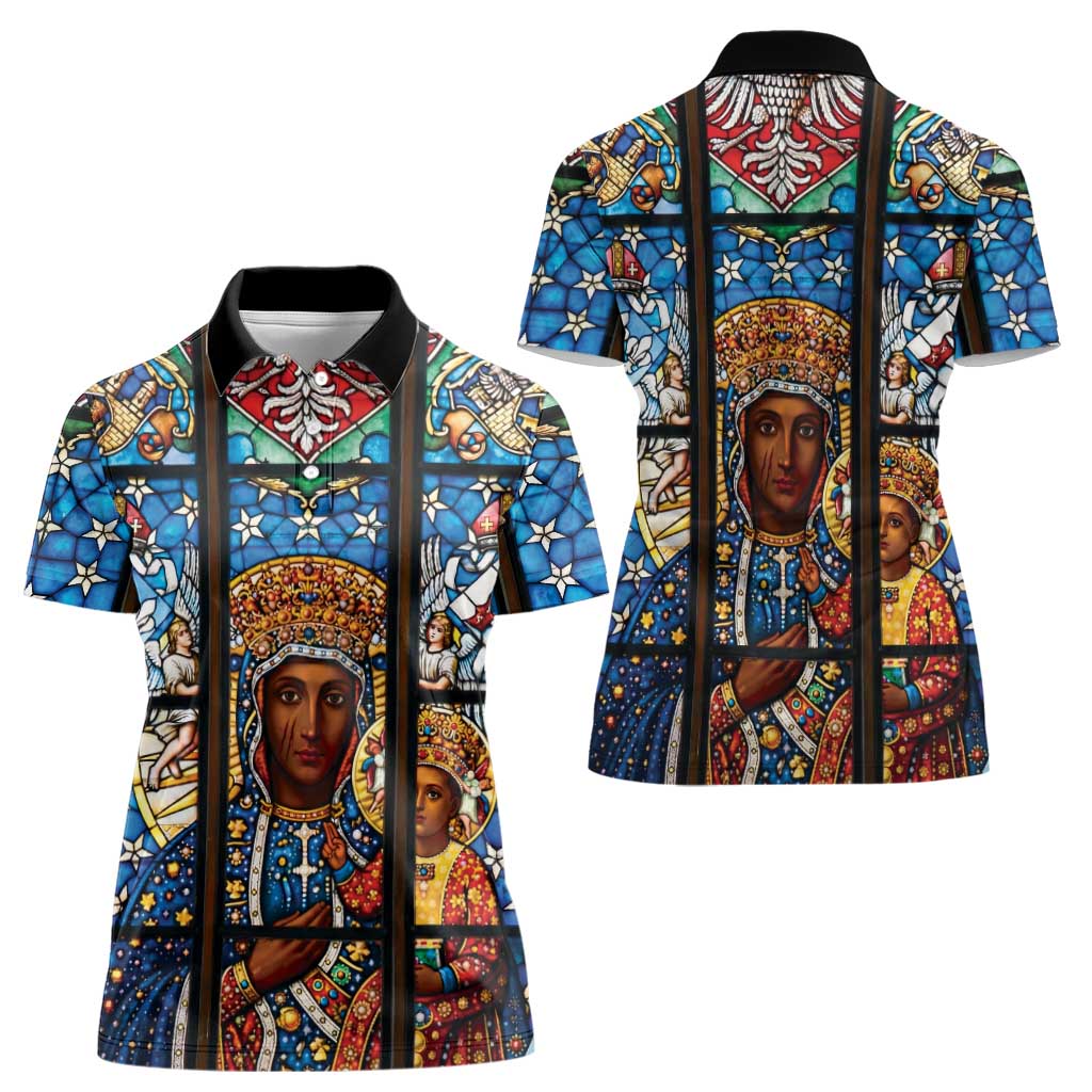 Polish Black Madonna of Czestochowa Women Polo Shirt Our Lady of Poland Stained Glass