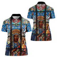 Polish Black Madonna of Czestochowa Women Polo Shirt Our Lady of Poland Stained Glass