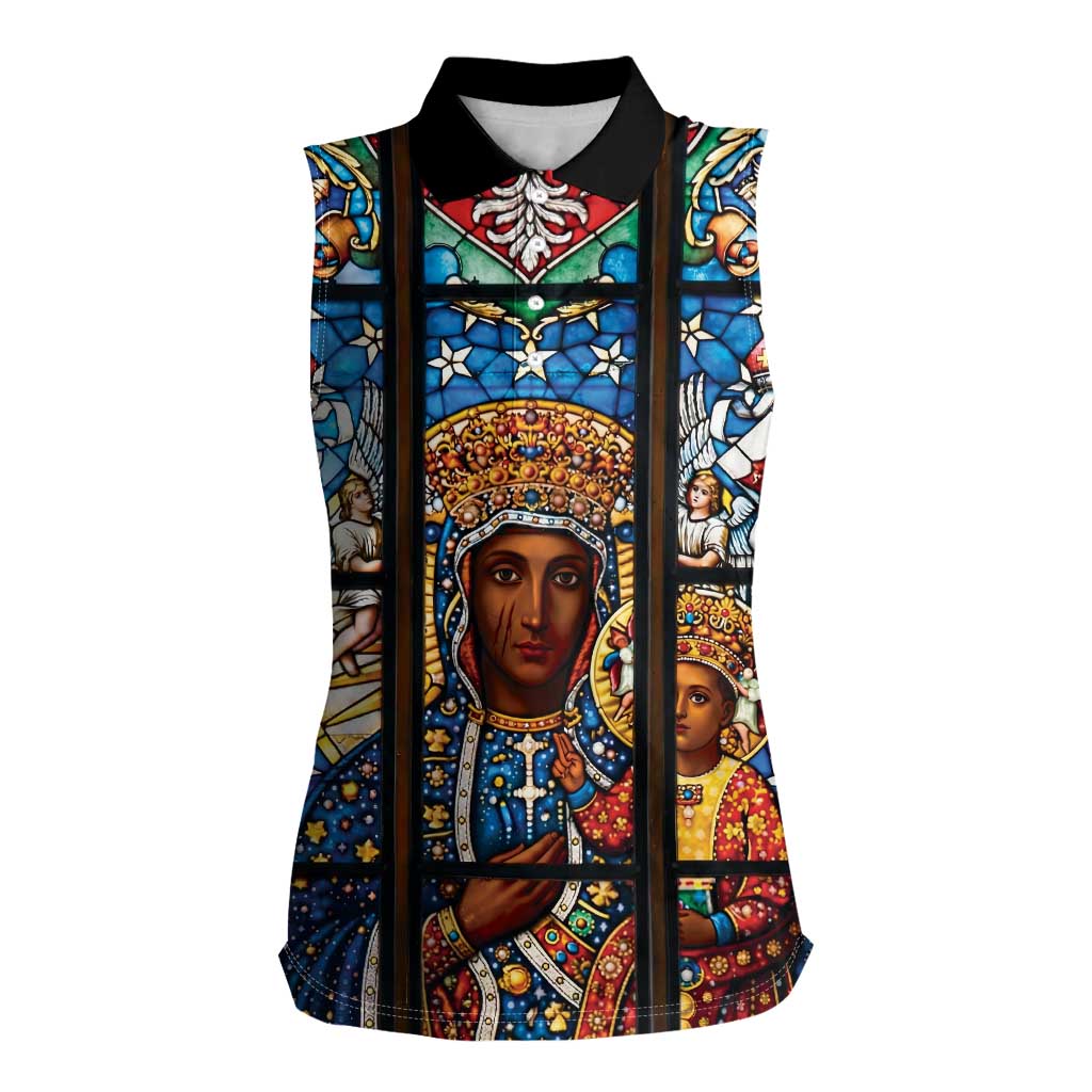 Polish Black Madonna of Czestochowa Women Sleeveless Polo Shirt Our Lady of Poland Stained Glass