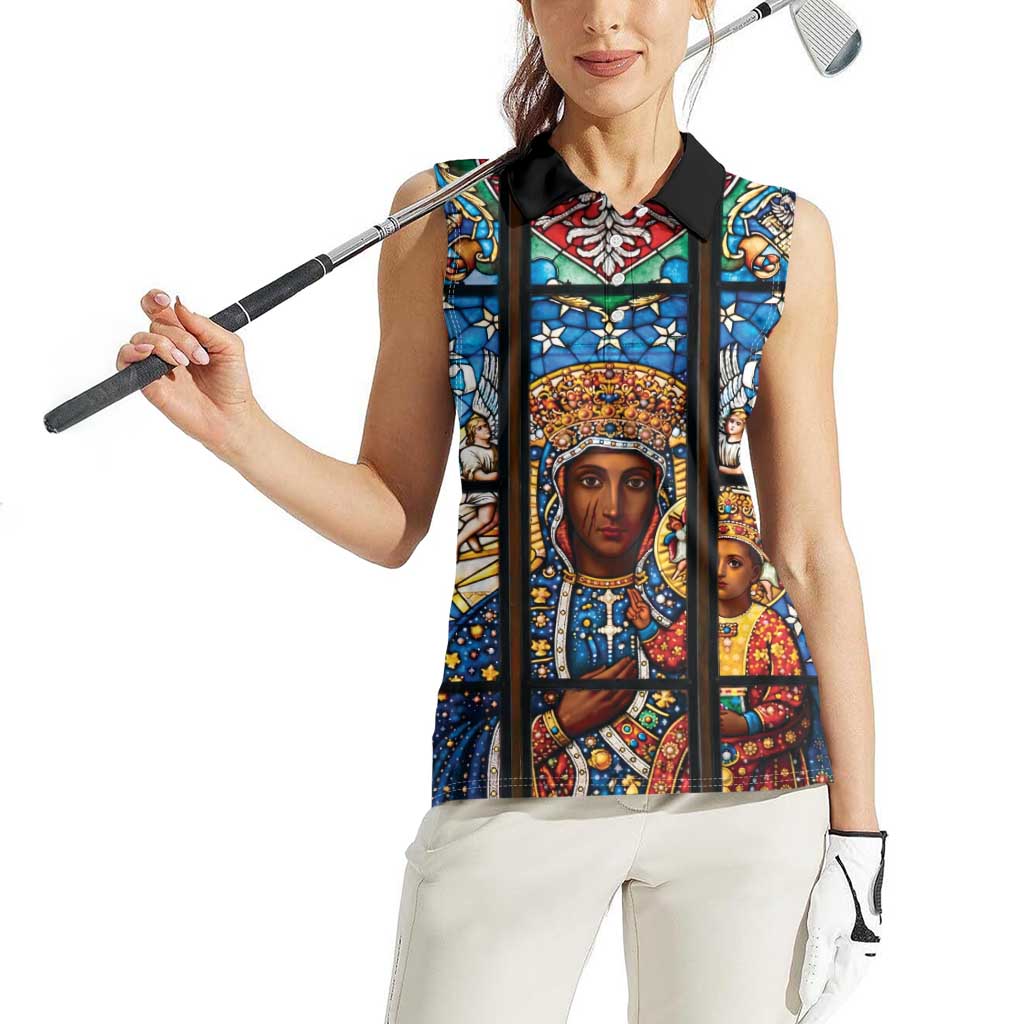 Polish Black Madonna of Czestochowa Women Sleeveless Polo Shirt Our Lady of Poland Stained Glass