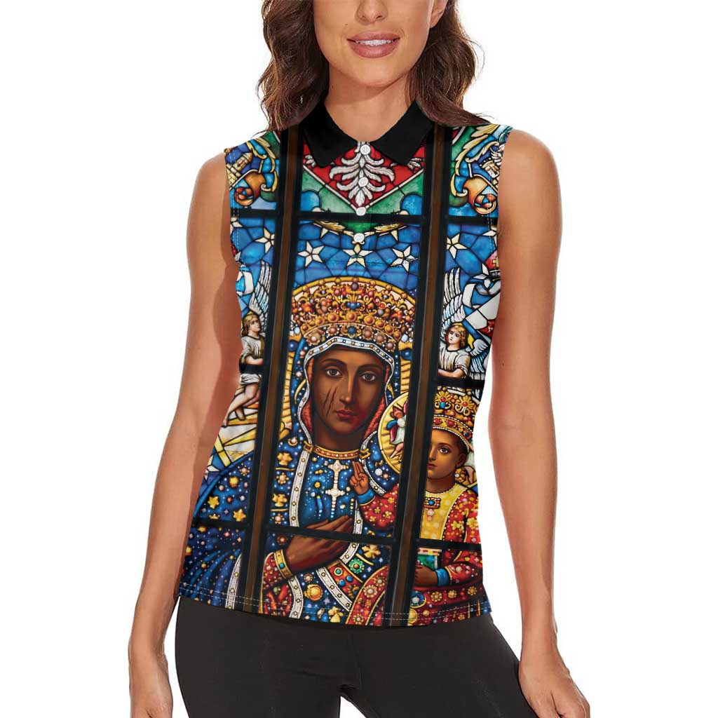 Polish Black Madonna of Czestochowa Women Sleeveless Polo Shirt Our Lady of Poland Stained Glass