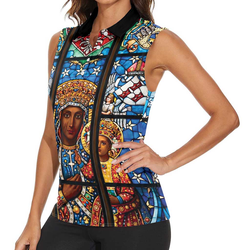 Polish Black Madonna of Czestochowa Women Sleeveless Polo Shirt Our Lady of Poland Stained Glass
