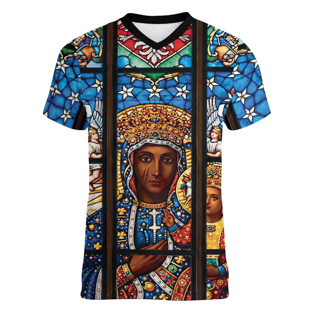 Polish Black Madonna of Czestochowa Women V-Neck T-Shirt Our Lady of Poland Stained Glass