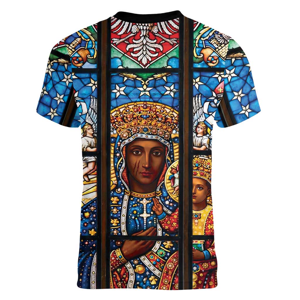 Polish Black Madonna of Czestochowa Women V-Neck T-Shirt Our Lady of Poland Stained Glass