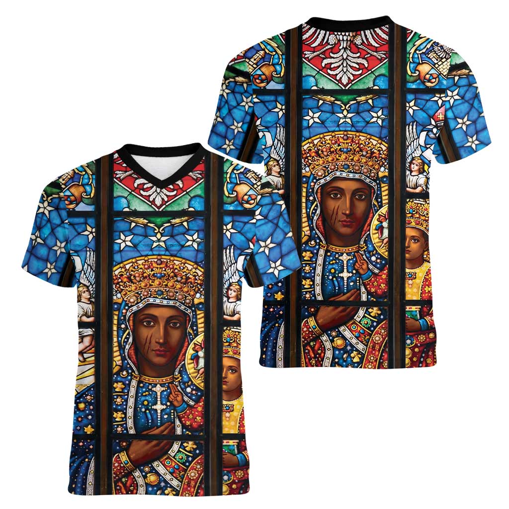 Polish Black Madonna of Czestochowa Women V-Neck T-Shirt Our Lady of Poland Stained Glass