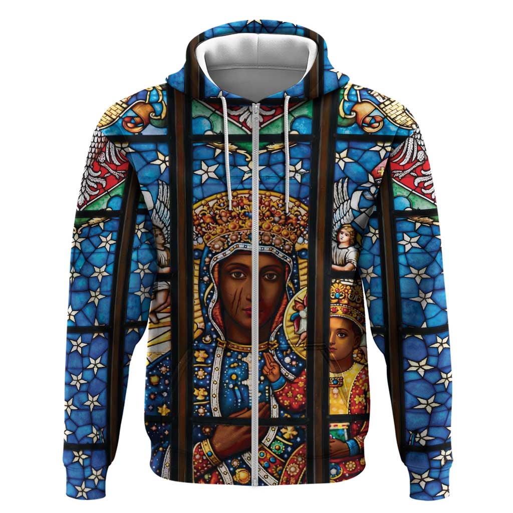 Polish Black Madonna of Czestochowa Zip Hoodie Our Lady of Poland Stained Glass