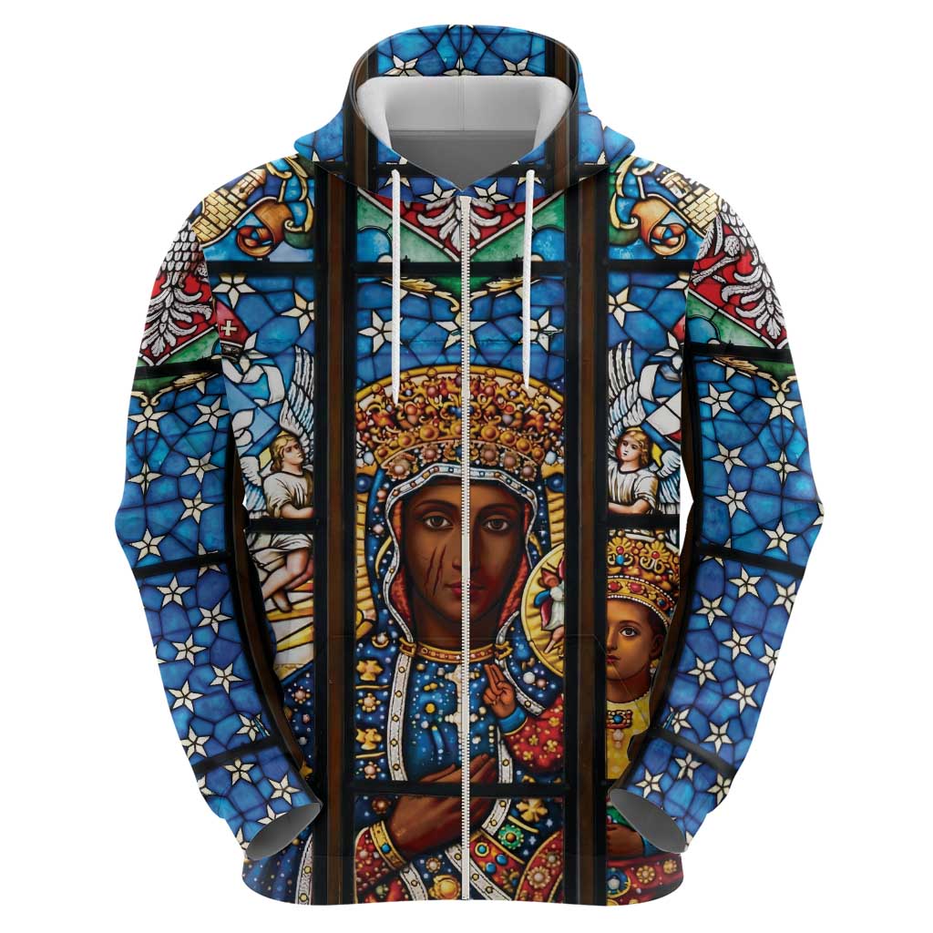 Polish Black Madonna of Czestochowa Zip Hoodie Our Lady of Poland Stained Glass
