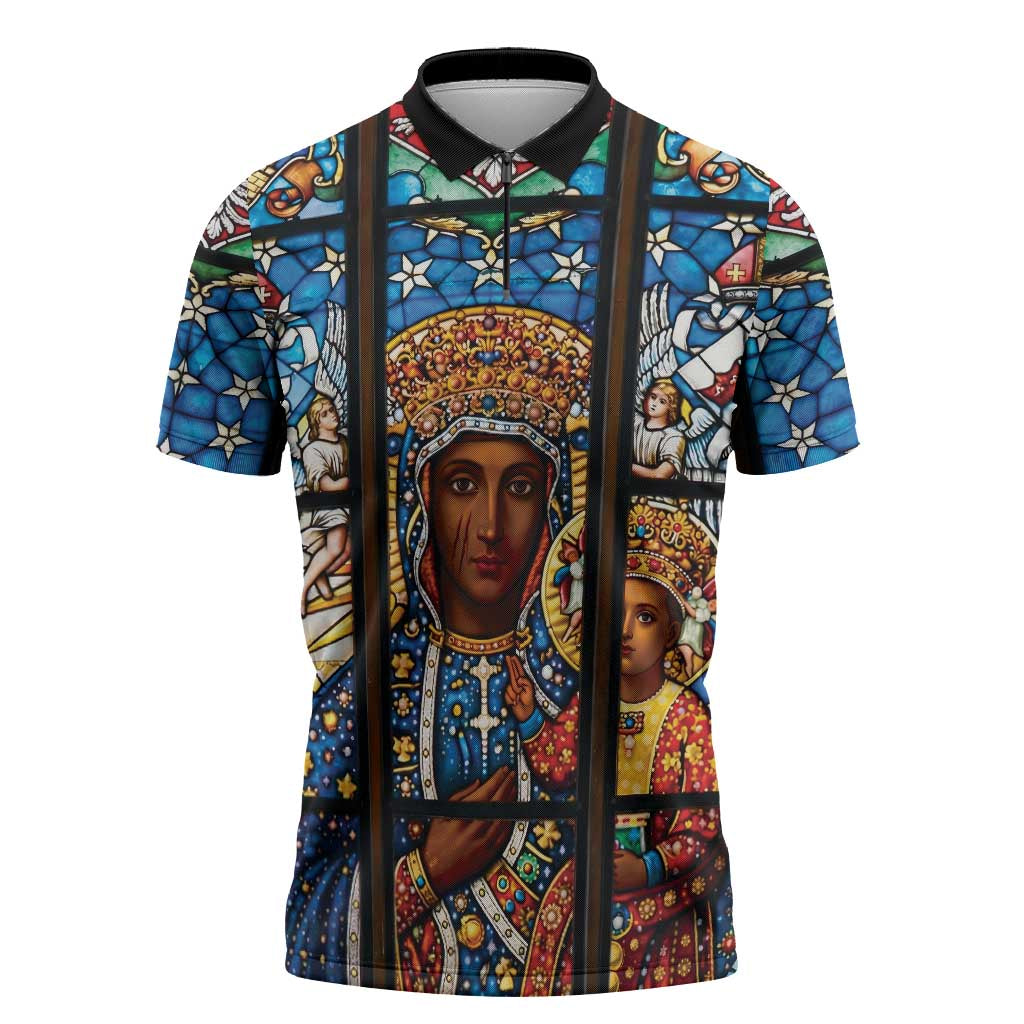 Polish Black Madonna of Czestochowa Zipper Polo Shirt Our Lady of Poland Stained Glass