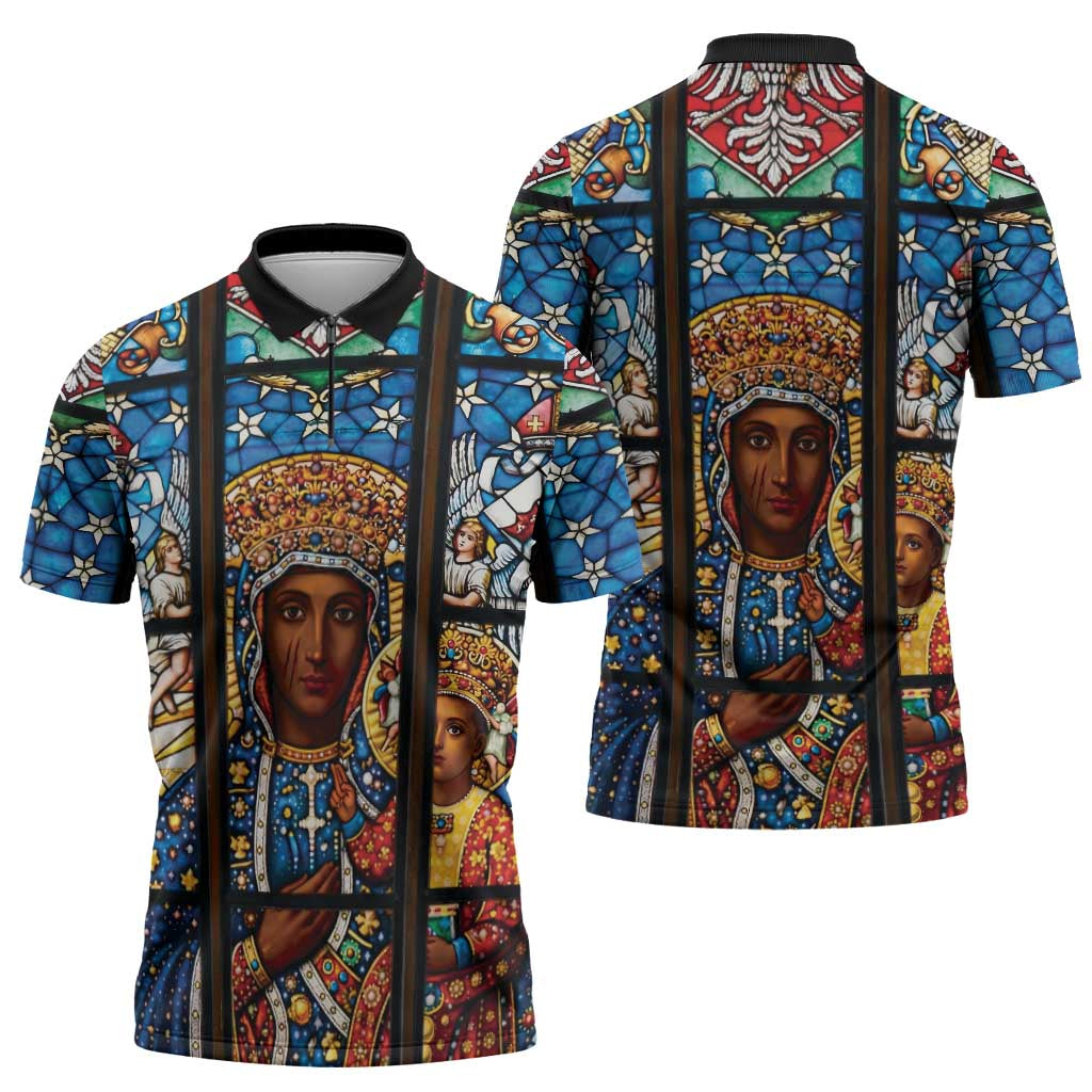 Polish Black Madonna of Czestochowa Zipper Polo Shirt Our Lady of Poland Stained Glass