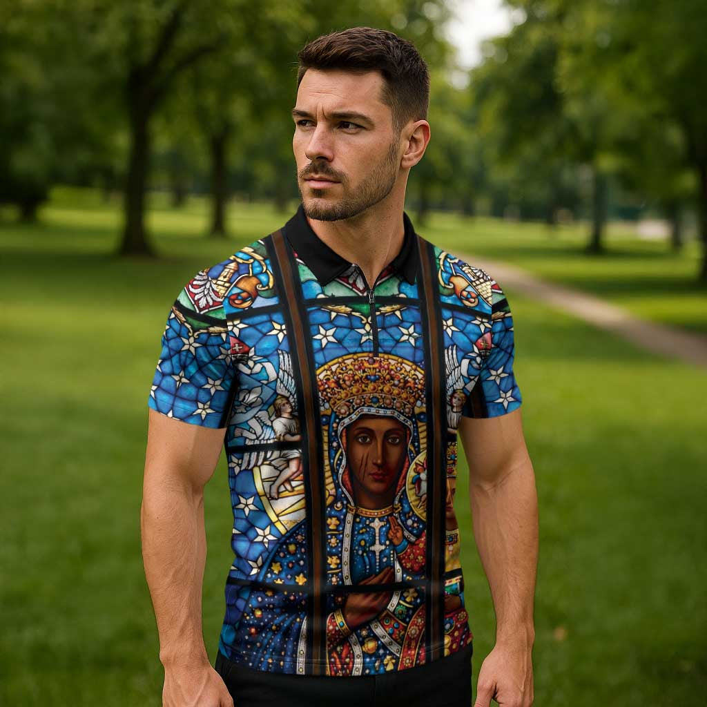 Polish Black Madonna of Czestochowa Zipper Polo Shirt Our Lady of Poland Stained Glass