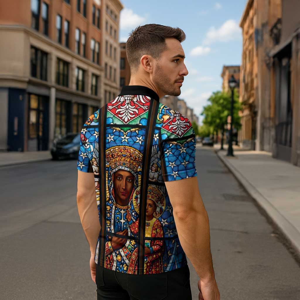 Polish Black Madonna of Czestochowa Zipper Polo Shirt Our Lady of Poland Stained Glass
