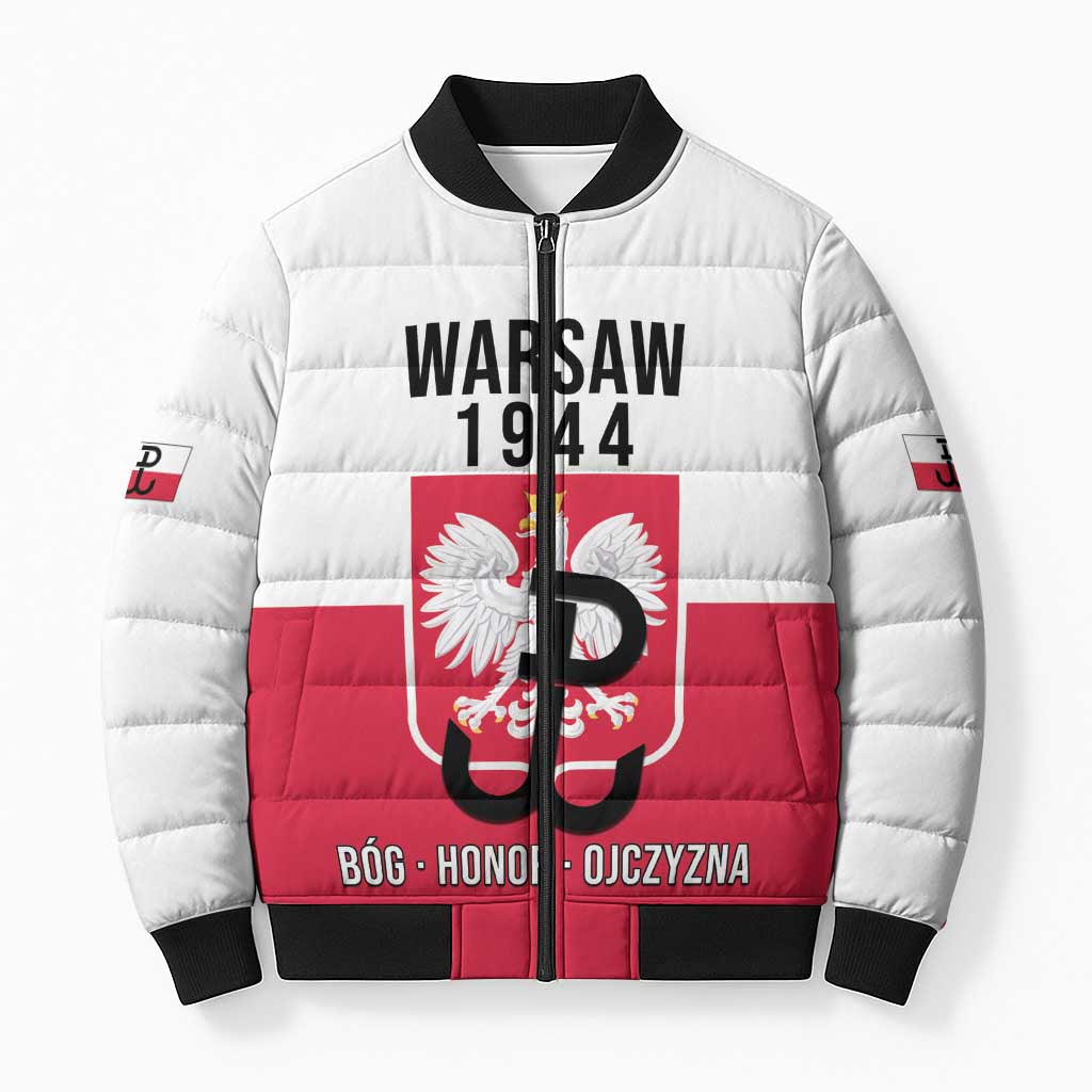 Personalized Warsaw Uprising 1944 Poland Bomber Puffer Jacket White Eagle Kotwica Bóg Honor Ojczyzna