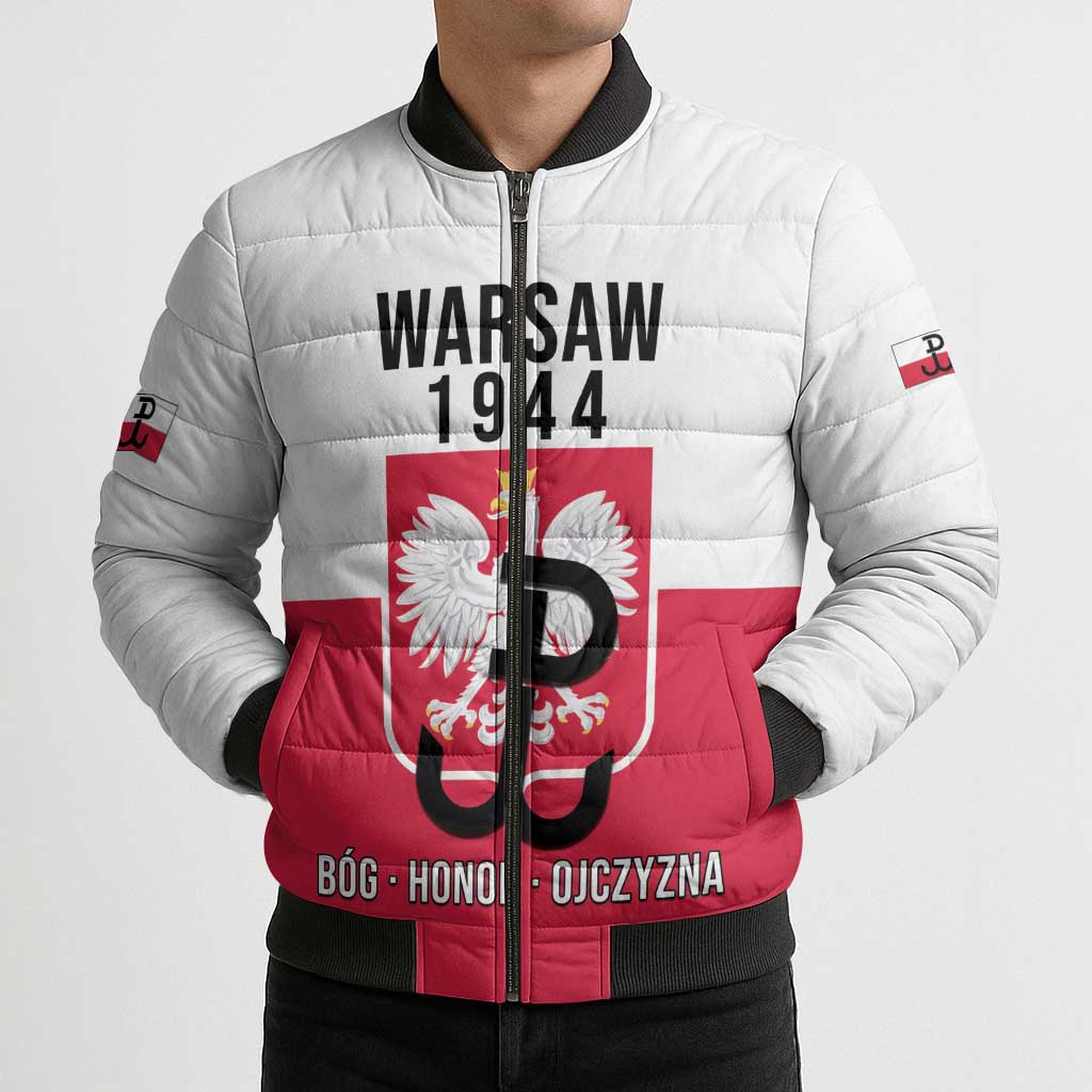 Personalized Warsaw Uprising 1944 Poland Bomber Puffer Jacket White Eagle Kotwica Bóg Honor Ojczyzna