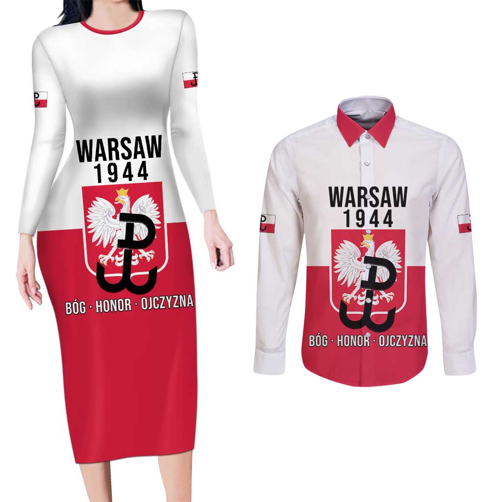 Personalized Warsaw Uprising 1944 Poland Couples Matching Long Sleeve Bodycon Dress and Long Sleeve Button Shirt White Eagle Kotwica Bóg Honor Ojczyzna