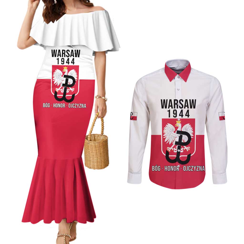 Personalized Warsaw Uprising 1944 Poland Couples Matching Mermaid Dress and Long Sleeve Button Shirt White Eagle Kotwica Bóg Honor Ojczyzna