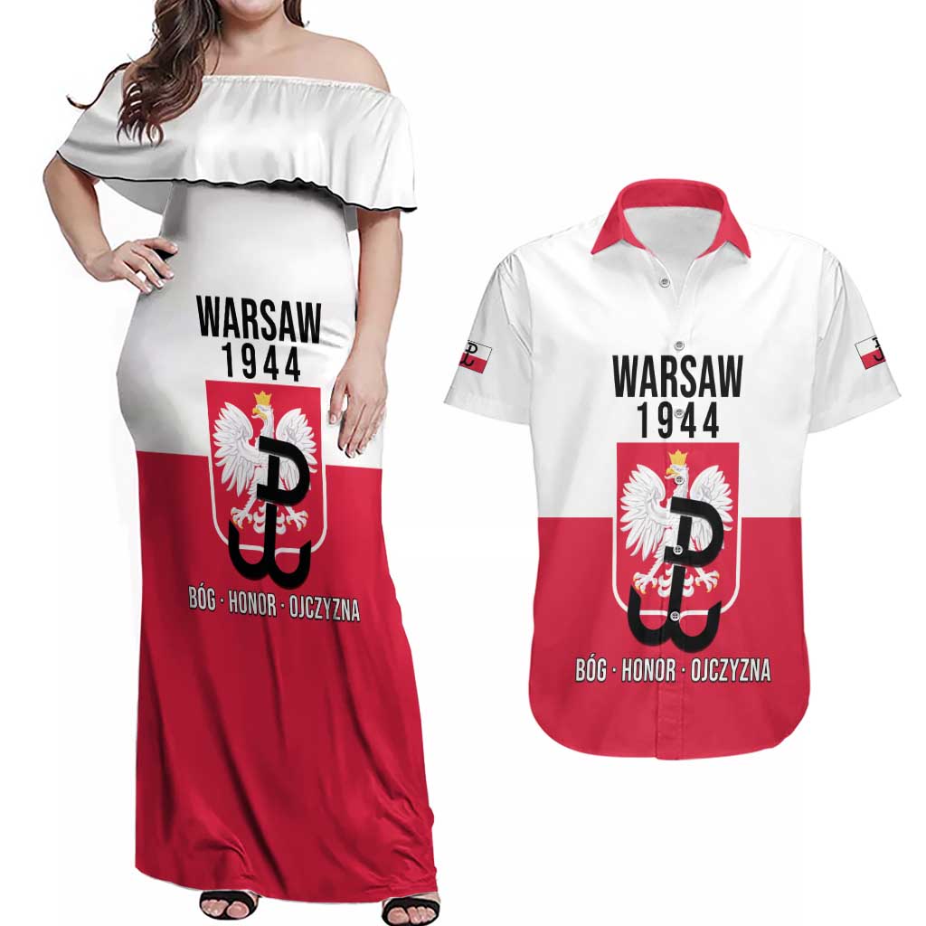 Personalized Warsaw Uprising 1944 Poland Couples Matching Off Shoulder Maxi Dress and Hawaiian Shirt White Eagle Kotwica Bóg Honor Ojczyzna