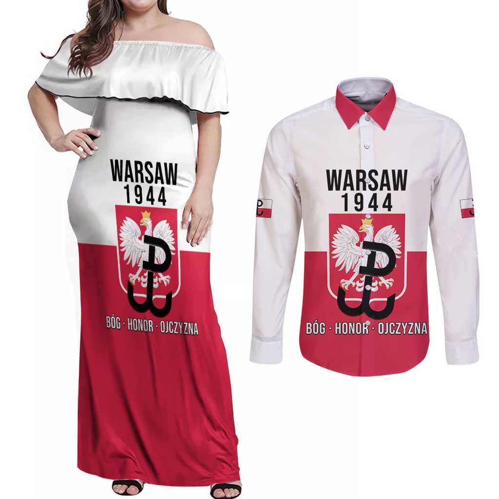 Personalized Warsaw Uprising 1944 Poland Couples Matching Off Shoulder Maxi Dress and Long Sleeve Button Shirt White Eagle Kotwica Bóg Honor Ojczyzna