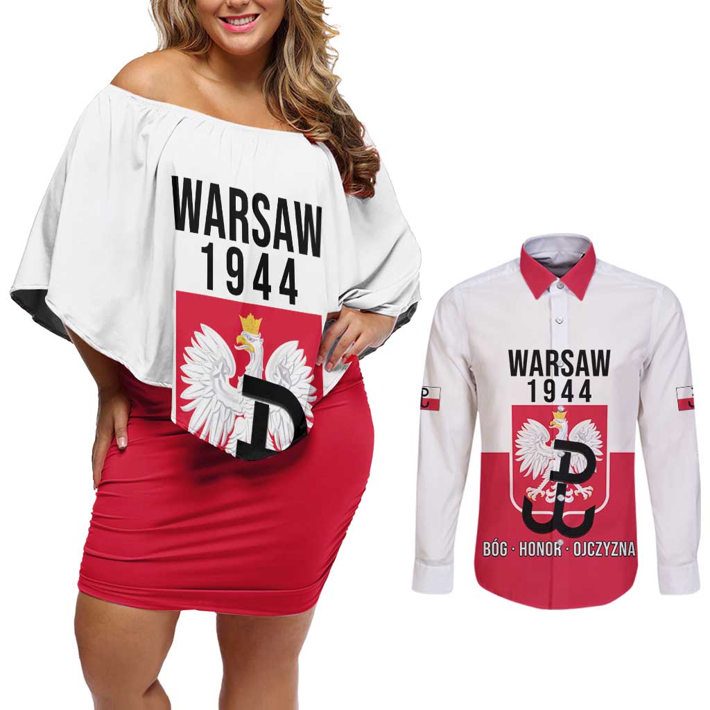 Personalized Warsaw Uprising 1944 Poland Couples Matching Off Shoulder Short Dress and Long Sleeve Button Shirt White Eagle Kotwica Bóg Honor Ojczyzna