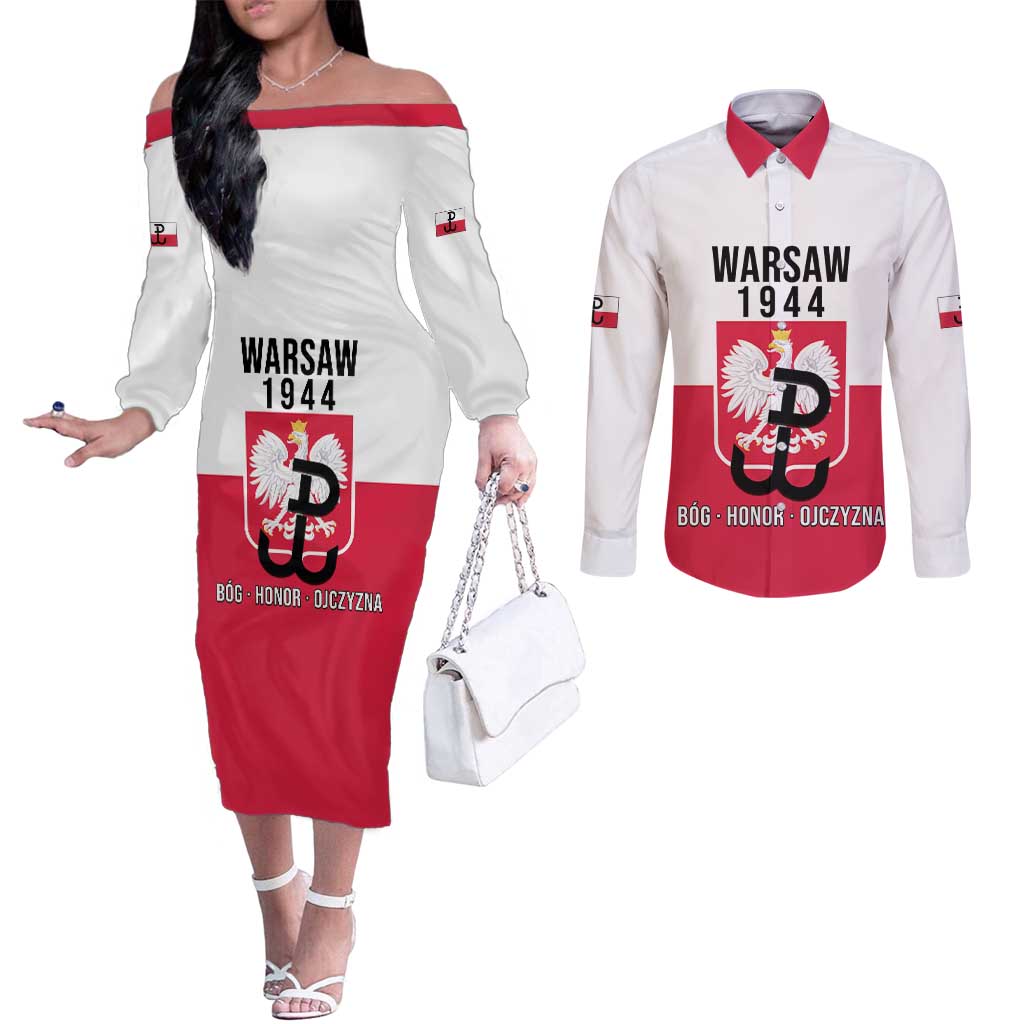 Personalized Warsaw Uprising 1944 Poland Couples Matching Off The Shoulder Long Sleeve Dress and Long Sleeve Button Shirt White Eagle Kotwica Bóg Honor Ojczyzna