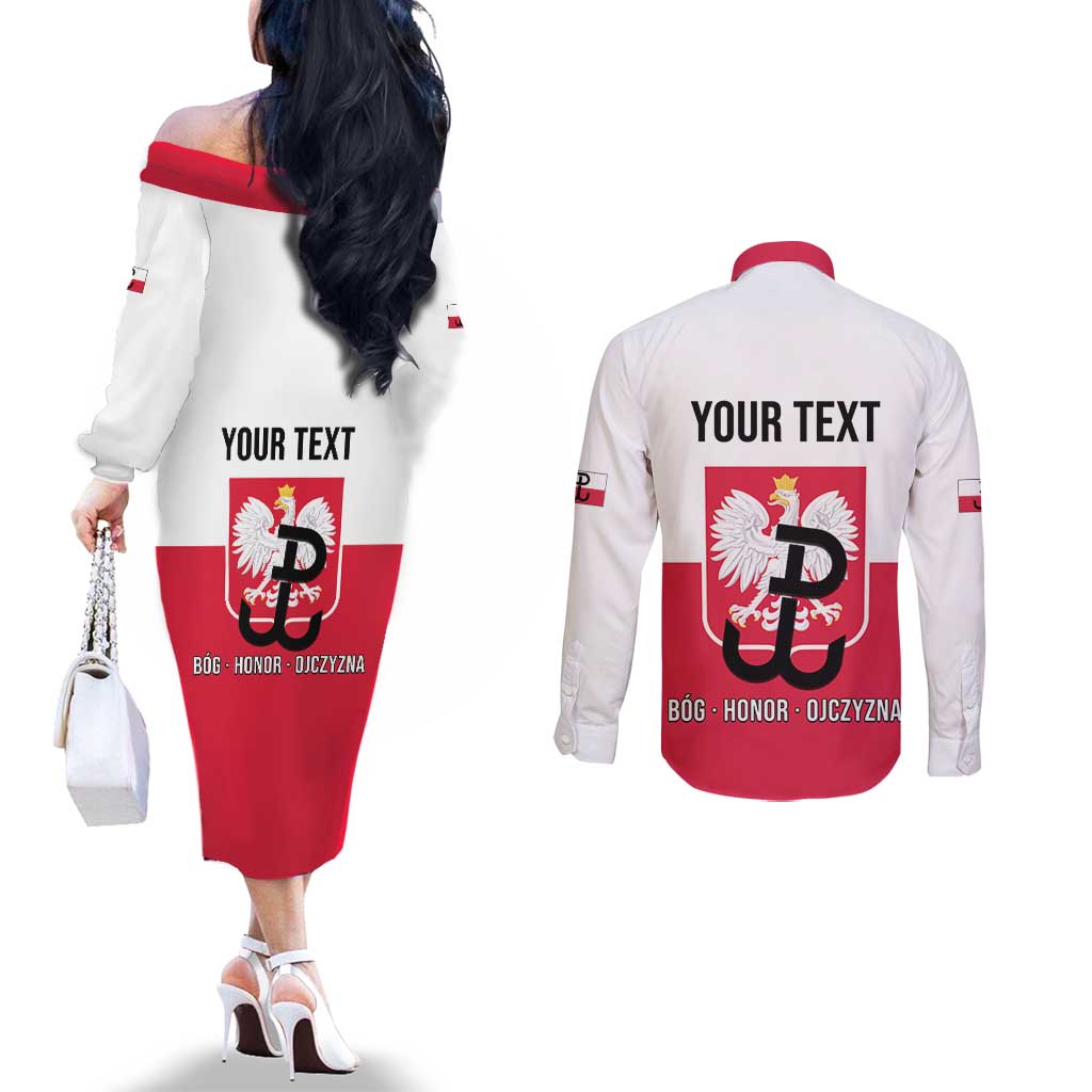 Personalized Warsaw Uprising 1944 Poland Couples Matching Off The Shoulder Long Sleeve Dress and Long Sleeve Button Shirt White Eagle Kotwica Bóg Honor Ojczyzna