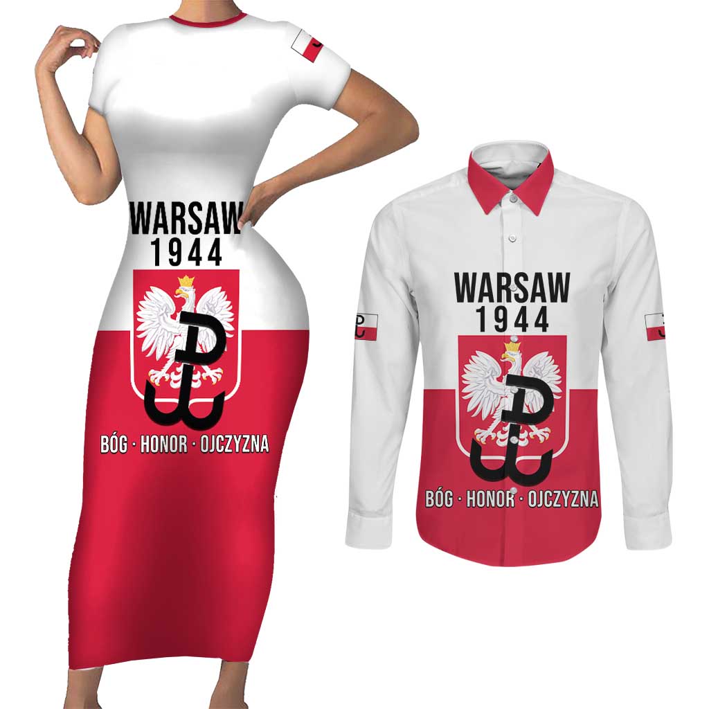 Personalized Warsaw Uprising 1944 Poland Couples Matching Short Sleeve Bodycon Dress and Long Sleeve Button Shirt White Eagle Kotwica Bóg Honor Ojczyzna