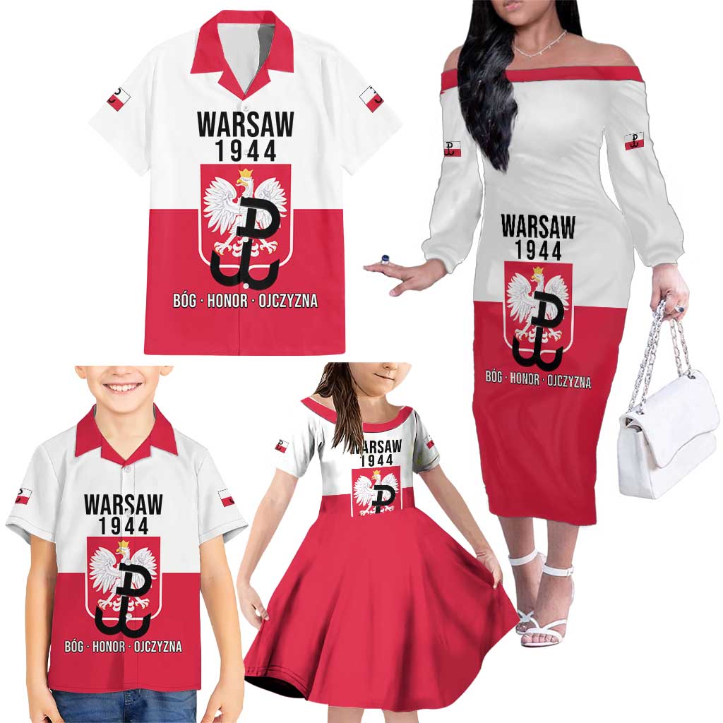 Personalized Warsaw Uprising 1944 Poland Family Matching Off The Shoulder Long Sleeve Dress and Hawaiian Shirt White Eagle Kotwica Bóg Honor Ojczyzna