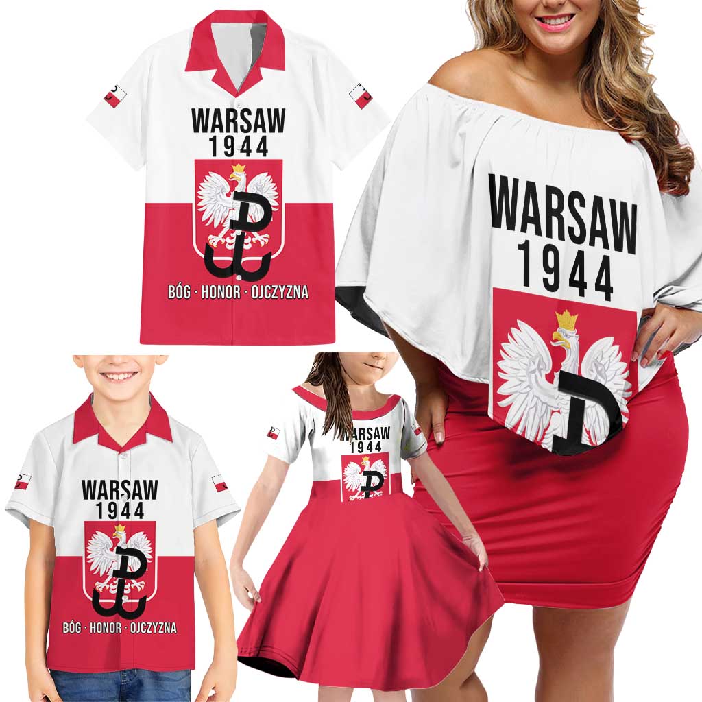 Personalized Warsaw Uprising 1944 Poland Family Matching Off Shoulder Short Dress and Hawaiian Shirt White Eagle Kotwica Bóg Honor Ojczyzna