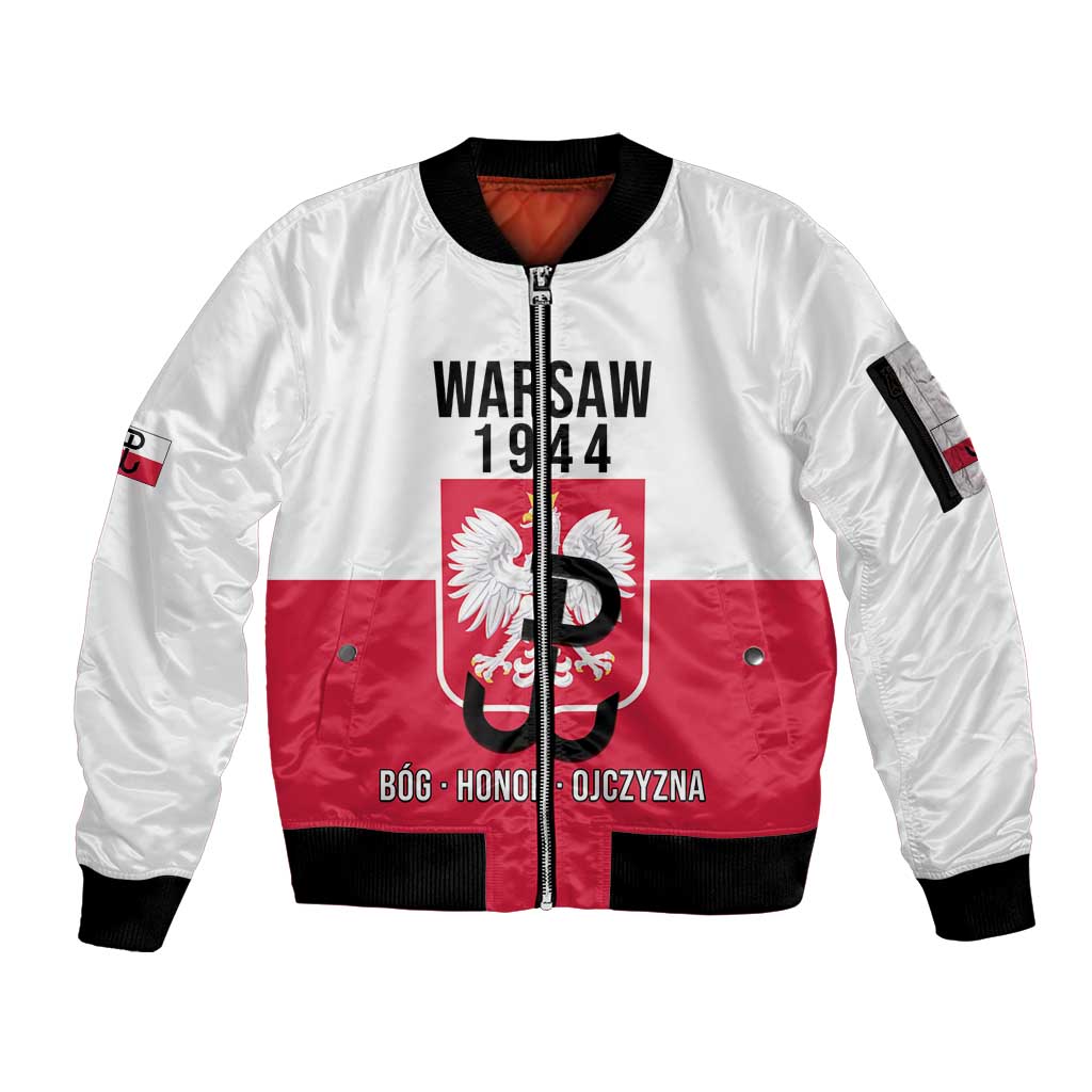 Personalized Warsaw Uprising 1944 Poland Sleeve Zip Bomber Jacket White Eagle Kotwica Bóg Honor Ojczyzna