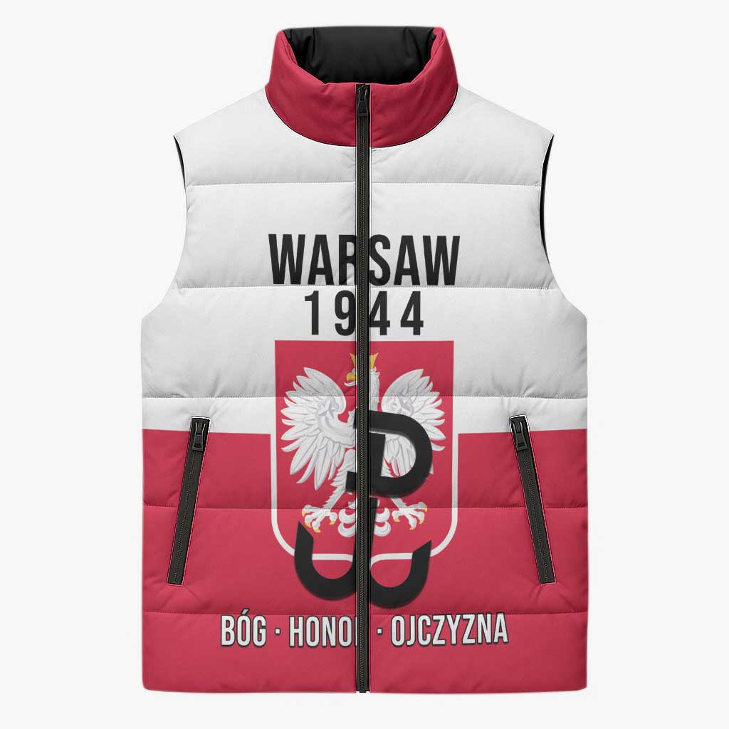 Personalized Warsaw Uprising 1944 Poland Sleeveless Puffer Jacket White Eagle Kotwica Bóg Honor Ojczyzna