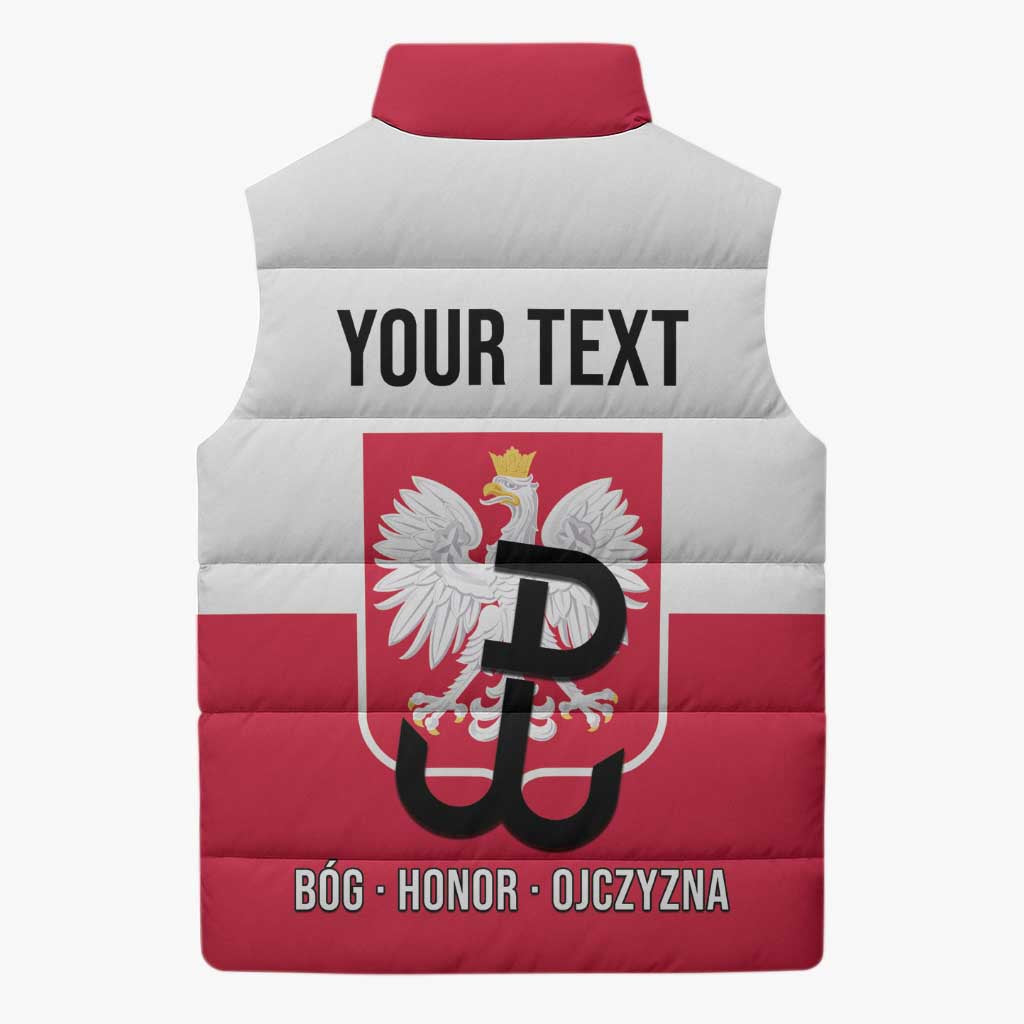 Personalized Warsaw Uprising 1944 Poland Sleeveless Puffer Jacket White Eagle Kotwica Bóg Honor Ojczyzna