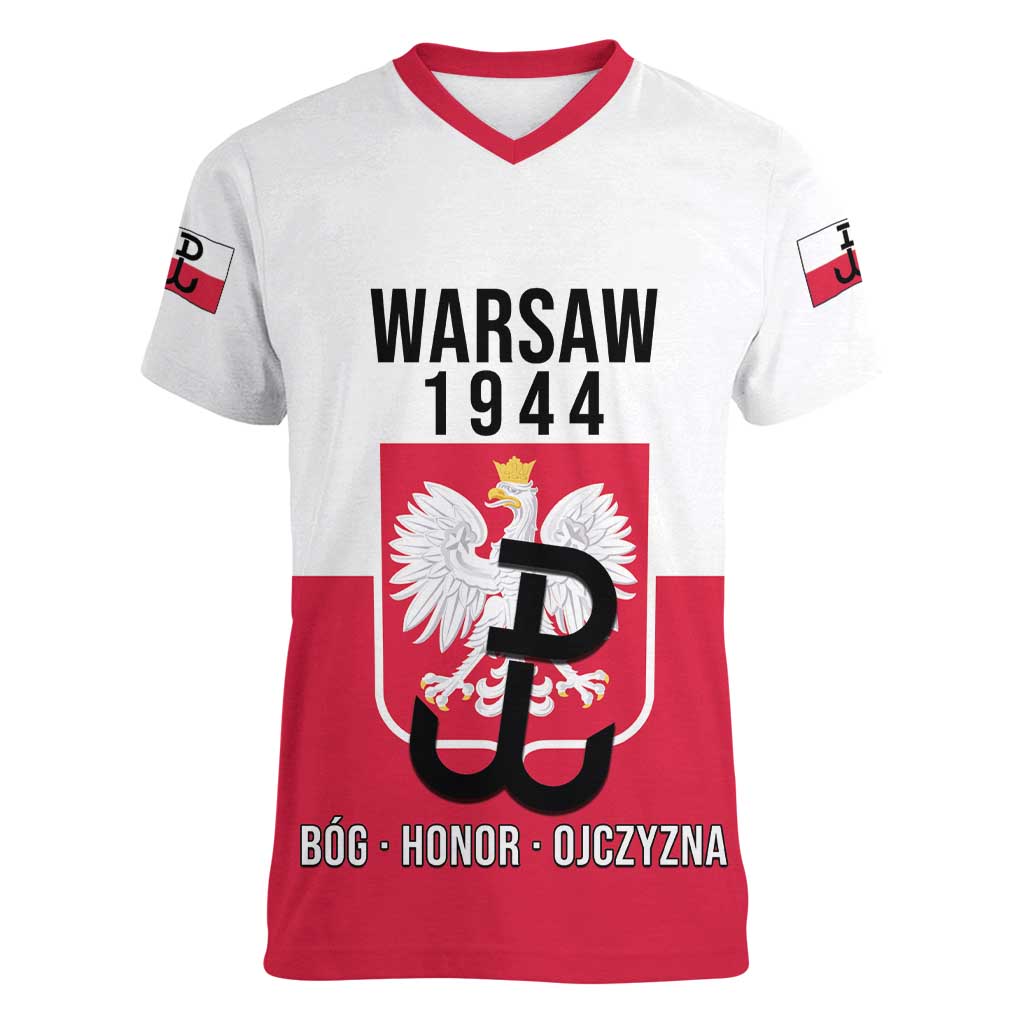 Personalized Warsaw Uprising 1944 Poland Women V-Neck T-Shirt White Eagle Kotwica Bóg Honor Ojczyzna
