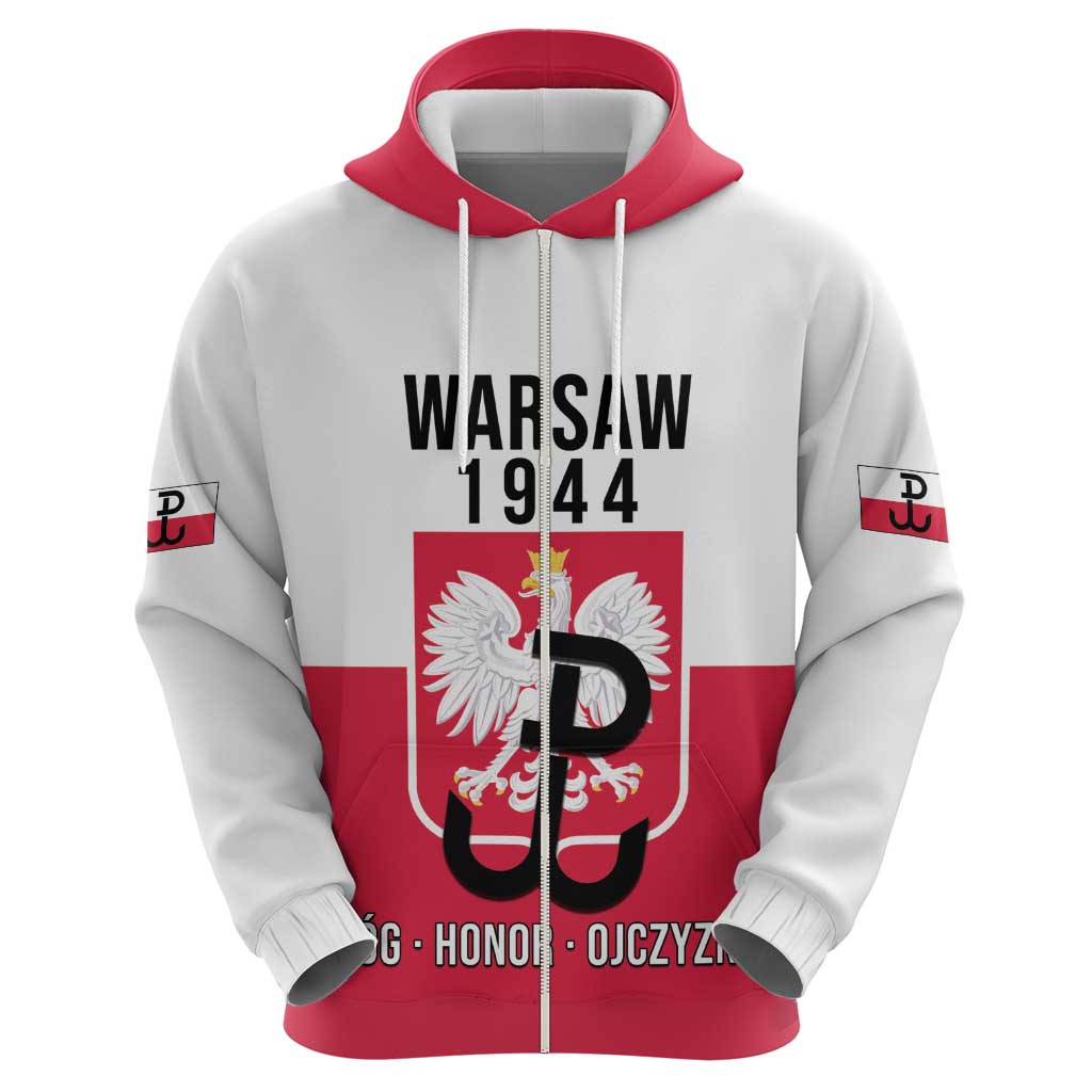 Personalized Warsaw Uprising 1944 Poland Zip Hoodie White Eagle Kotwica Bóg Honor Ojczyzna