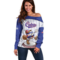 Cuba Baseball Custom Off Shoulder Sweater Cuban Flag Mascot Design
