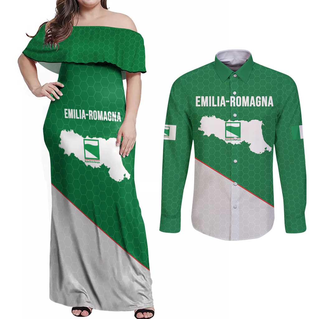 Italy Emilia-Romagna Couples Matching Off Shoulder Maxi Dress and Long Sleeve Button Shirt Map With Flag Style LT19