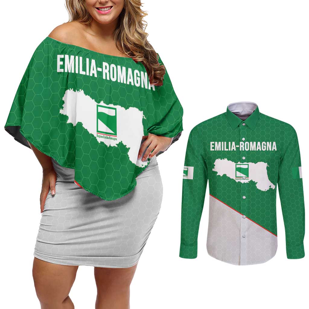 Italy Emilia-Romagna Couples Matching Off Shoulder Short Dress and Long Sleeve Button Shirt Map With Flag Style LT19