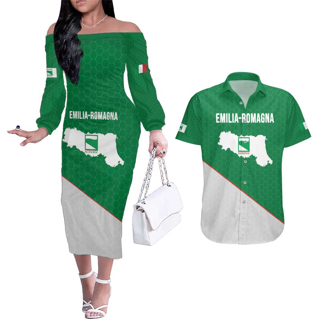 Italy Emilia-Romagna Couples Matching Off The Shoulder Long Sleeve Dress and Hawaiian Shirt Map With Flag Style LT19