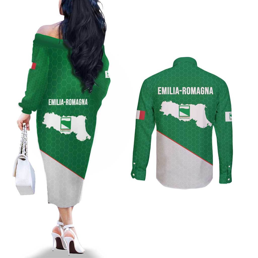 Italy Emilia-Romagna Couples Matching Off The Shoulder Long Sleeve Dress and Long Sleeve Button Shirt Map With Flag Style LT19