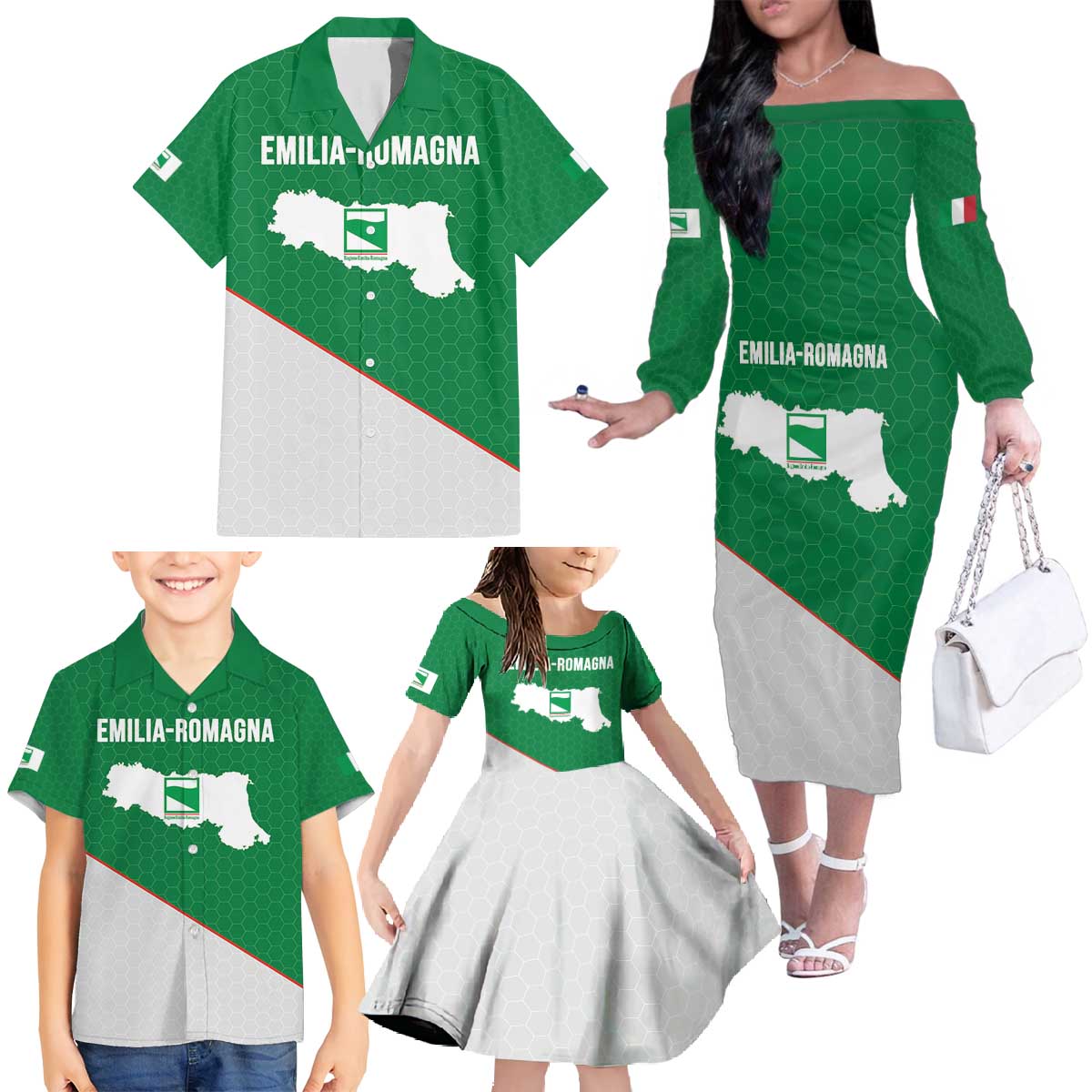 Italy Emilia-Romagna Family Matching Off The Shoulder Long Sleeve Dress and Hawaiian Shirt Map With Flag Style LT19