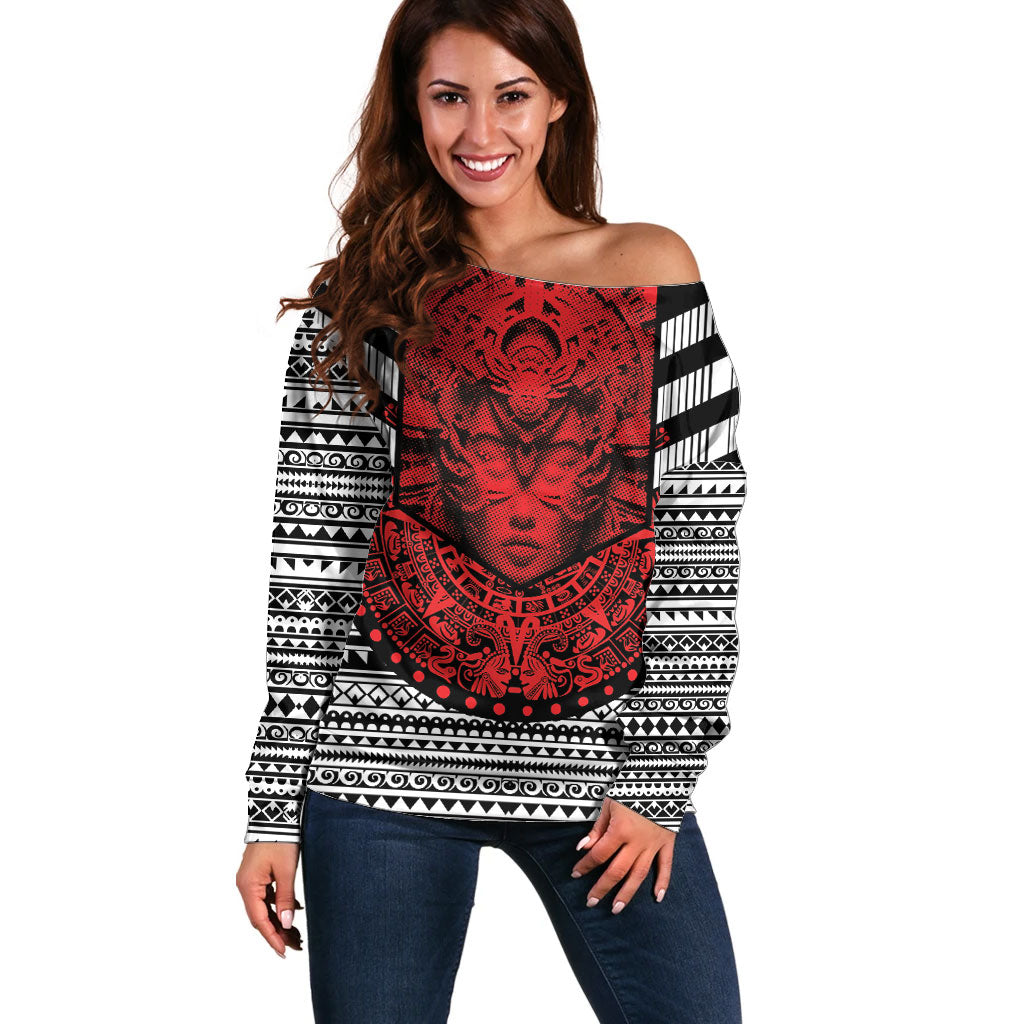 Mexico Aztec Warrior Goddess Off Shoulder Sweater Tribal Aztec Heritage