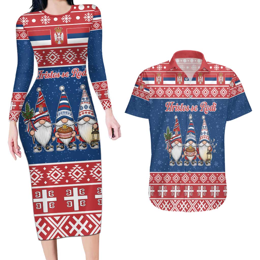 Serbia Christmas Couples Matching Long Sleeve Bodycon Dress and Hawaiian Shirt Hristos Se Rodi Gnome - Wonder Print Shop